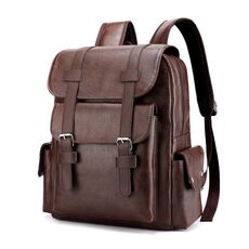 Zaino da viaggio per laptop di grande capacità in pelle PU OUMANTU 975, borsa da scuola casual (marrone scuro)