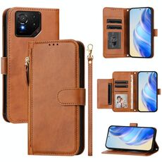 Per Asus ROG Phone 9 / Phone 9 Pro Multi-Card Slots Zipper Wallet Custodia in pelle per telefono (marrone)