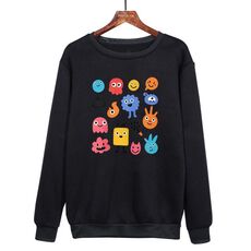 Felpa girocollo casual larga stampata con simpatici mostri, stampa su richiesta, taglia: XL (nero)