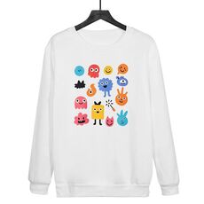 Felpa girocollo casual larga stampata con simpatici mostri, stampa su richiesta, taglia: XXXL (bianco)