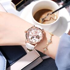 Orologio meccanico automatico luminoso impermeabile Dulunwe 6018B 30m, colore: cinturino in pelle bianca