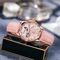 Orologio meccanico automatico luminoso impermeabile Dulunwe 6018B 30m, colore: cinturino in pelle rosa