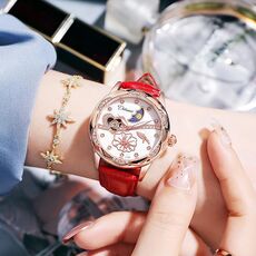 Orologio meccanico automatico luminoso impermeabile Dulunwe 6018B 30m, colore: cinturino in pelle rossa