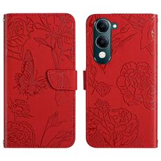 Per vivo Y04 4G / Y29s 5G HT03 Custodia in pelle con motivo a farfalla in rilievo (rosso)