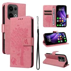 Per OPPO Reno13 5G Custodia per telefono in pelle con motivo a rilievo albero e gatto globale (rosa)