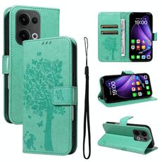 Per OPPO Reno13 5G Custodia per telefono in pelle con motivo a rilievo albero e gatto globale (verde)