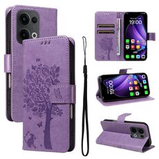 Per OPPO Reno13 5G Custodia per telefono in pelle con motivo a rilievo albero e gatto globale (viola chiaro)