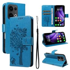 Per OPPO Reno13 5G Custodia per telefono in pelle con motivo a rilievo albero e gatto globale (blu)