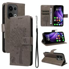 Per OPPO Reno13 5G Custodia per telefono in pelle con motivo a rilievo albero e gatto globale (grigio)