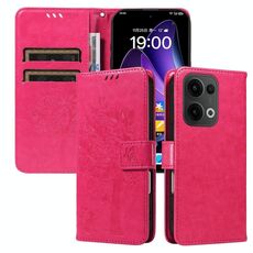 Per OPPO Reno13 5G Custodia per telefono in pelle con motivo a rilievo albero e gatto globale (rosso rosa)