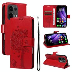 Per OPPO Reno13 5G Custodia per telefono in pelle con motivo a rilievo albero e gatto globale (rosso)