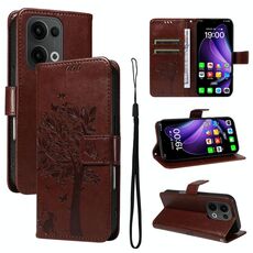 Per OPPO Reno13 5G Custodia per telefono in pelle con motivo a rilievo albero e gatto globale (caffè)