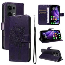Per OPPO Reno13 5G Custodia per telefono in pelle con motivo a rilievo albero e gatto globale (viola)