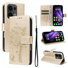 Per OPPO Reno13 5G Custodia per telefono in pelle con motivo a rilievo albero e gatto globale (oro)
