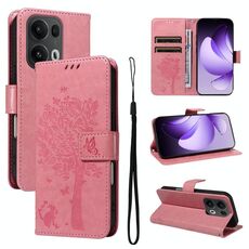 Per OPPO Reno13 Pro 5G Custodia in pelle con motivo a rilievo albero e gatto globale (rosa)