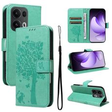 Per OPPO Reno13 Pro 5G Custodia per telefono in pelle con motivo a rilievo albero e gatto globale (verde)