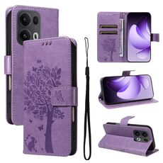 Per OPPO Reno13 Pro 5G Custodia per telefono in pelle con motivo a rilievo albero e gatto globale (viola chiaro)