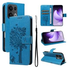 Per OPPO Reno13 Pro 5G Custodia per telefono in pelle con motivo a rilievo albero e gatto globale (blu)