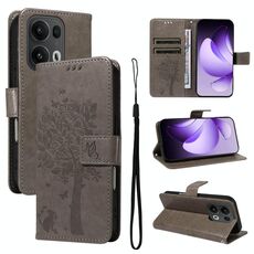 Per OPPO Reno13 Pro 5G Custodia per telefono in pelle con motivo a rilievo albero e gatto globale (grigio)