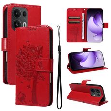 Per OPPO Reno13 Pro 5G Custodia per telefono in pelle con motivo a rilievo albero e gatto globale (rosso)