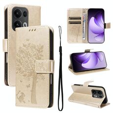 Per OPPO Reno13 Pro 5G Custodia per telefono in pelle con motivo a rilievo albero e gatto globale (oro)