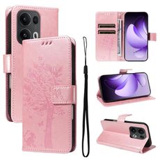 Per OPPO Reno13 Pro 5G Custodia per telefono in pelle con motivo in rilievo albero e gatto (oro rosa)