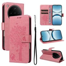 Per OPPO Find X8 Custodia per telefono in pelle con motivo a rilievo albero e gatto (rosa)