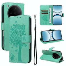 Per OPPO Find X8 Custodia per telefono in pelle con motivo a rilievo albero e gatto (verde)