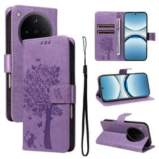 Per OPPO Find X8 Custodia per telefono in pelle con motivo a rilievo albero e gatto (viola chiaro)