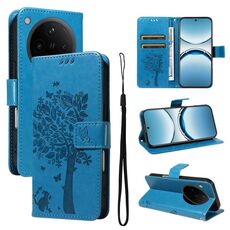 Per OPPO Find X8 Custodia per telefono in pelle con motivo a rilievo albero e gatto (blu)