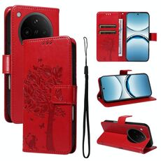 Per OPPO Find X8 Custodia per telefono in pelle con motivo a rilievo albero e gatto (rosso)