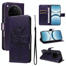 Per OPPO Find X8 Custodia per telefono in pelle con motivo in rilievo albero e gatto (viola)