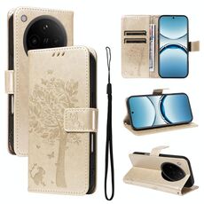 Per OPPO Find X8 Custodia per telefono in pelle con motivo a rilievo albero e gatto (oro)