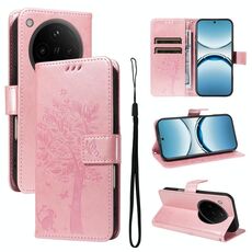 Per OPPO Find X8 Custodia per telefono in pelle con motivo a rilievo albero e gatto (oro rosa)