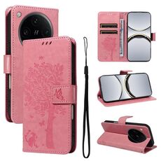 Per OPPO Find X8 Pro Custodia per telefono in pelle con motivo a rilievo albero e gatto (rosa)