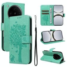 Per OPPO Find X8 Pro Custodia per telefono in pelle con motivo a rilievo albero e gatto globale (verde)