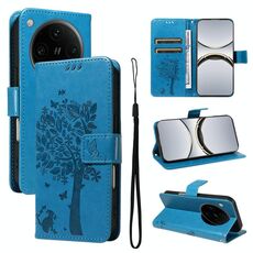 Per OPPO Find X8 Pro Custodia per telefono in pelle con motivo a rilievo albero e gatto globale (blu)