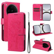 Per OPPO Find X8 Pro Custodia per telefono in pelle con motivo in rilievo albero e gatto (rosso rosa)