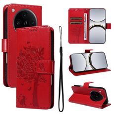 Per OPPO Find X8 Pro Custodia per telefono in pelle con motivo a rilievo albero e gatto globale (rosso)
