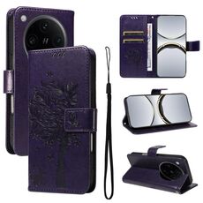 Per OPPO Find X8 Pro Custodia per telefono in pelle con motivo in rilievo albero e gatto (viola)