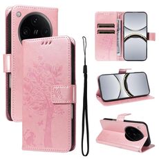 Per OPPO Find X8 Pro Custodia per telefono in pelle con motivo a rilievo albero e gatto (oro rosa)