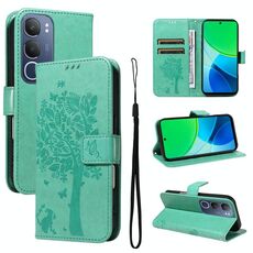Per vivo Y19 4G Custodia per telefono in pelle con motivo a rilievo albero e gatto globale (verde)