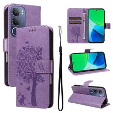 Per vivo Y19 4G Custodia per telefono in pelle con motivo a rilievo albero e gatto globale (viola chiaro)