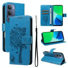 Per vivo Y19 4G Custodia per telefono in pelle con motivo a rilievo albero e gatto globale (blu)