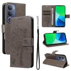 Per vivo Y19 4G Custodia per telefono in pelle con motivo a rilievo albero e gatto globale (grigio)