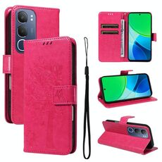 Per vivo Y19 4G Custodia per telefono in pelle con motivo a rilievo albero e gatto globale (rosso rosa)