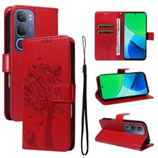 Per vivo Y19 4G Custodia per telefono in pelle con motivo a rilievo albero e gatto globale (rosso)