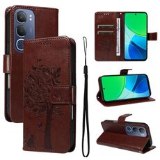 Per vivo Y19 4G Custodia per telefono in pelle con motivo a rilievo albero e gatto globale (caffè)