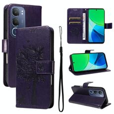 Per vivo Y19 4G Custodia per telefono in pelle con motivo a rilievo albero e gatto globale (viola)