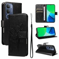 Per vivo Y19 4G Custodia per telefono in pelle con motivo a rilievo albero e gatto globale (nero)
